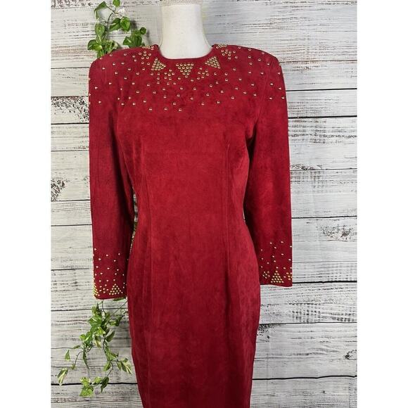 Pia Rucci Vintage Red Leather Dress size 12 Gold Studs 80's Dynasty Christmas - Picture 4 of 16